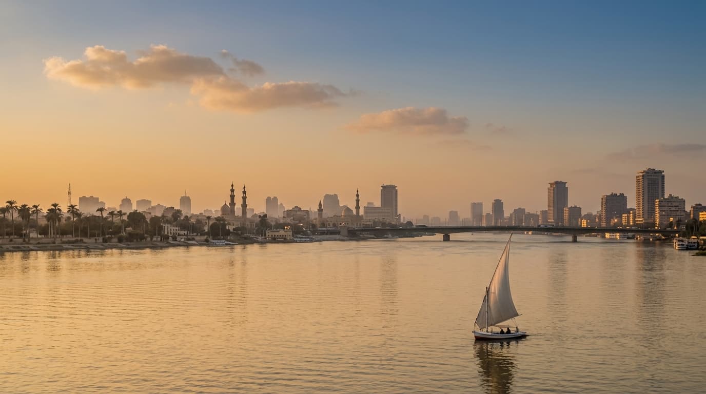 The Nile at sunset in Cairo, with a felucca under sail and the city skyline beyond