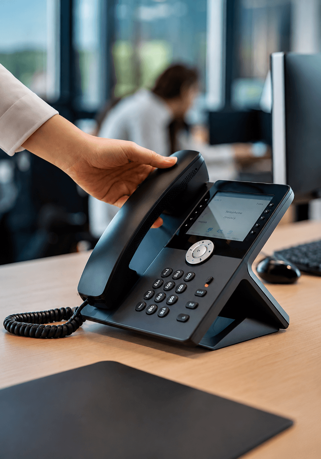 A hand lifting the handset of a desk phone in a coordination office