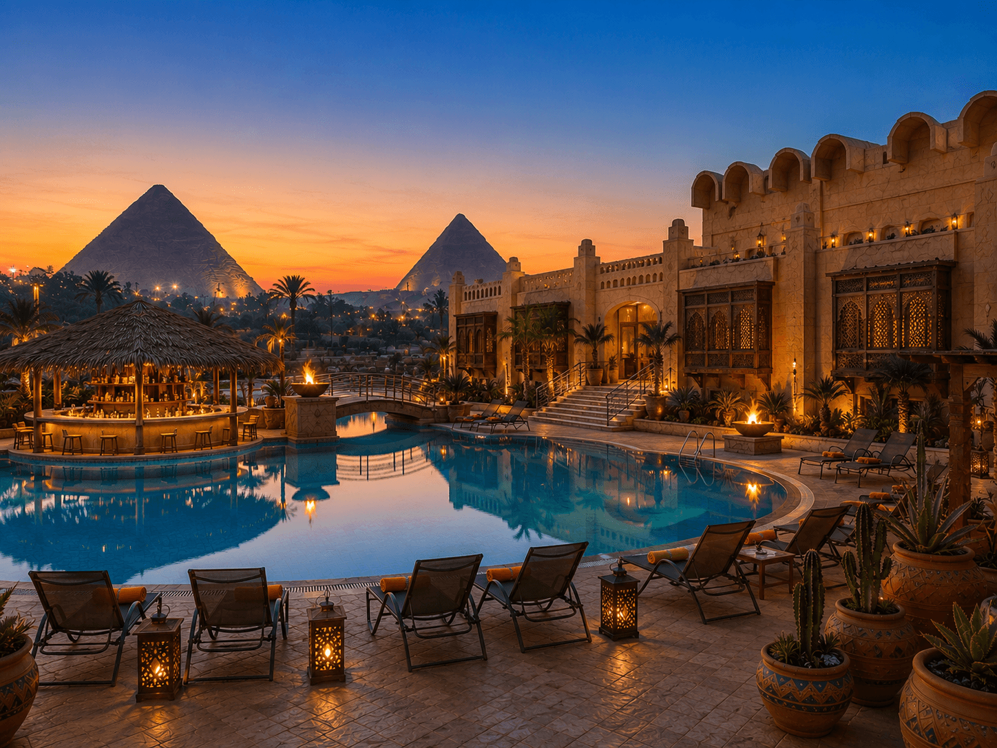 Lantern-lit resort pool at sunset with the Pyramids of Giza silhouetted against an orange sky